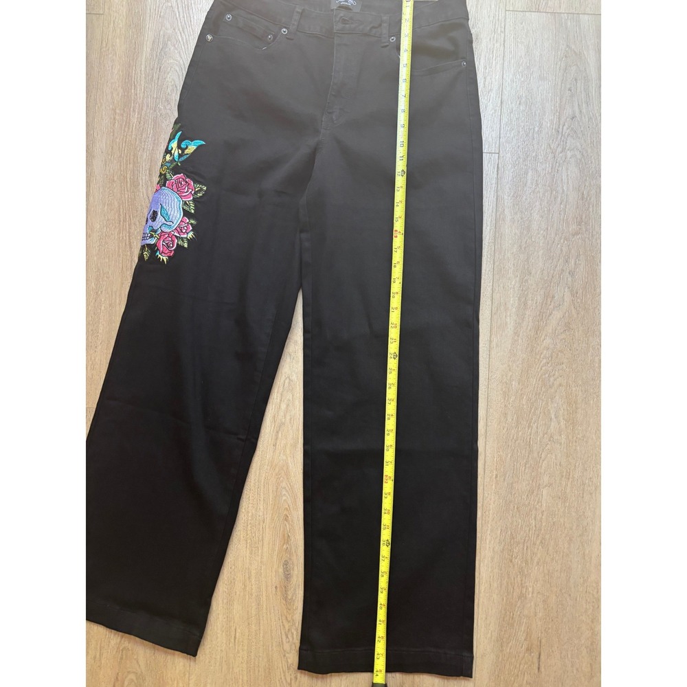 Ed Hardy Mens Black Denim Embroidered Skull Rose Wide Leg Jeans Y2K Streetwear - Picture 8 of 11